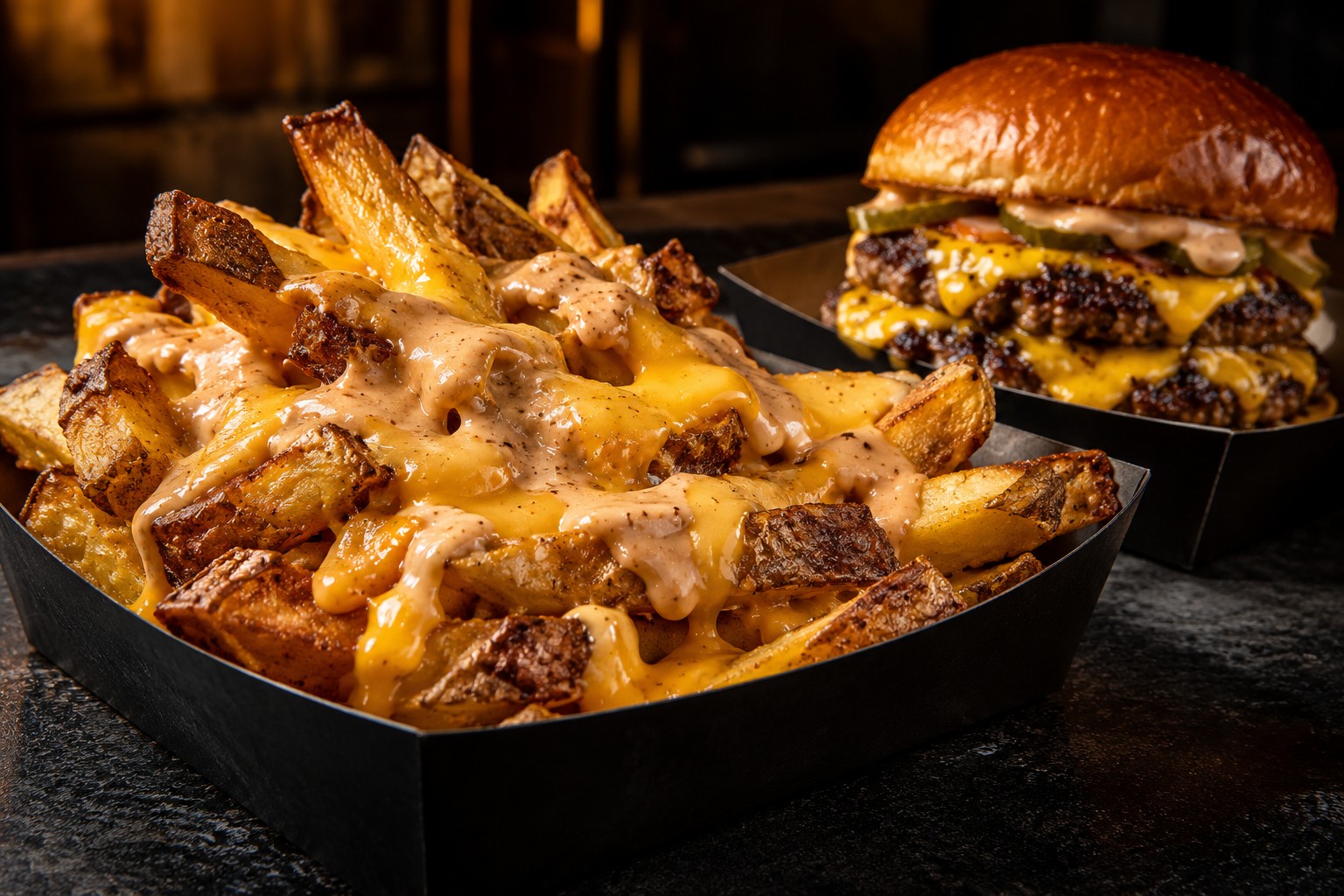 Loaded fries med saus, servert sammen med en smashburger