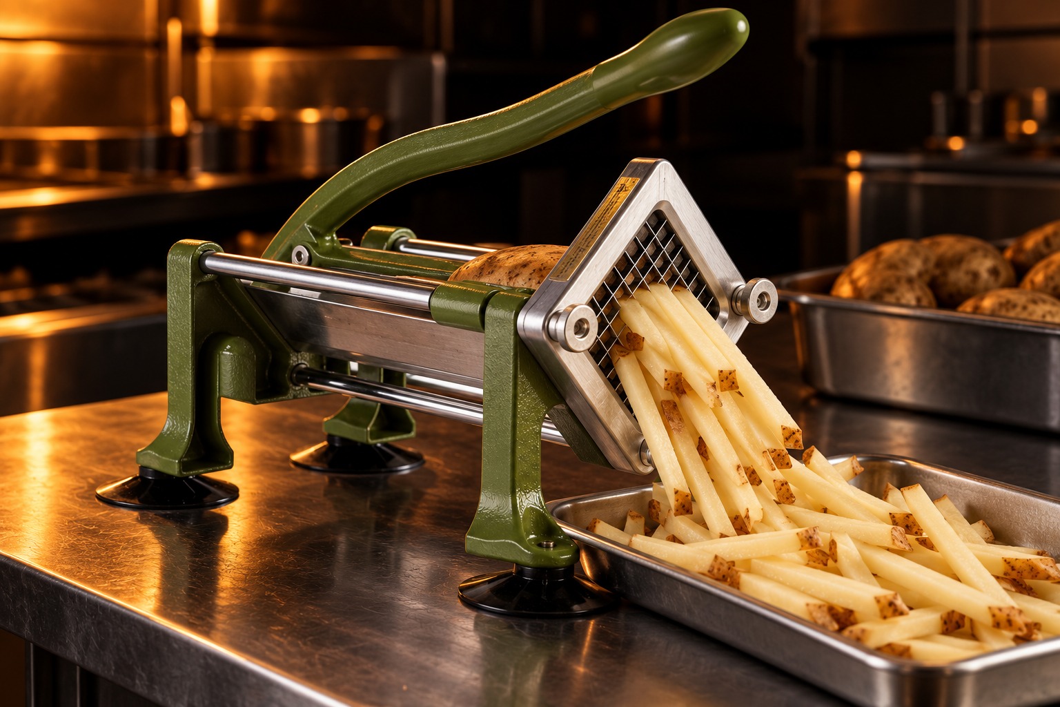 Grønn potetpresse som kutter store poteter til lange fries